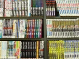 Rayonnage de volumes de mangas rangés à la verticale