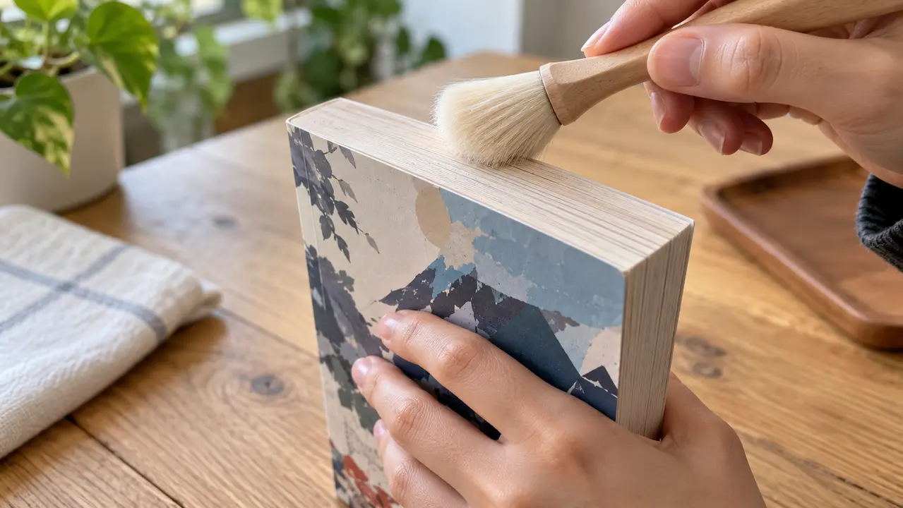 Main utilisant un pinceau souple sur la tranche supérieure d’un manga fermé
