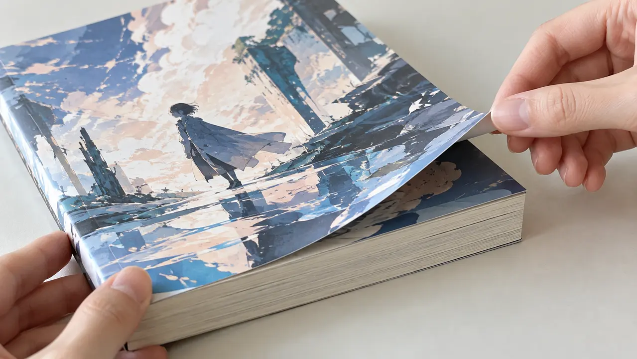 Main soulevant délicatement un coin de jaquette illustrée de manga