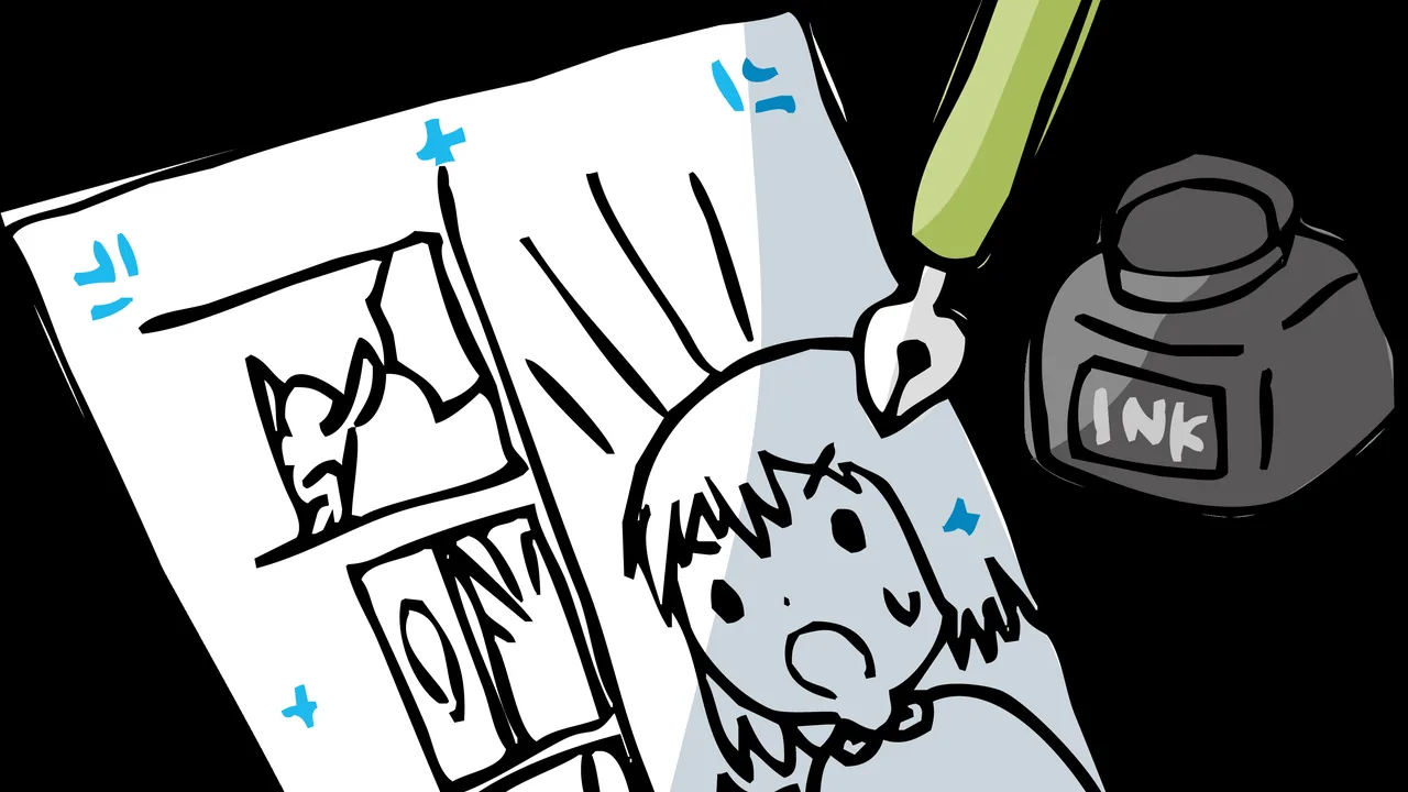 Illustration libre d’une page de manga ouverte, avec dessins à l’encre