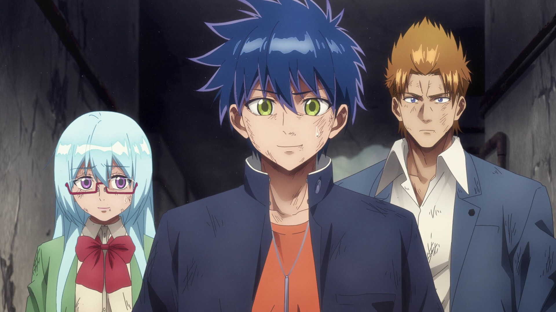 Ageha Yoshina entouré de deux compagnons dans un couloir sombre dans l'anime PSYREN