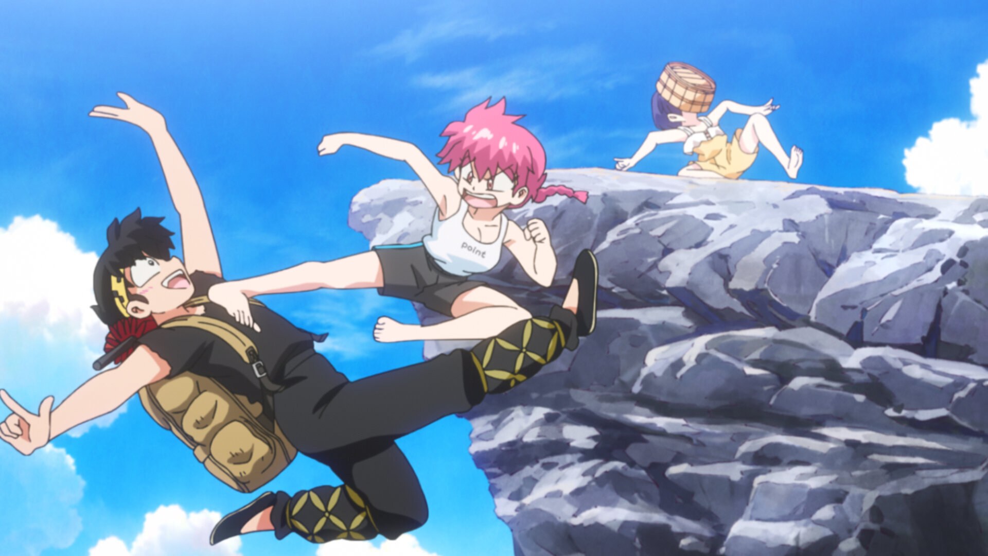 Ranma et ses rivaux bondissent au-dessus de rochers en bord de mer dans Ranma ½ saison 3