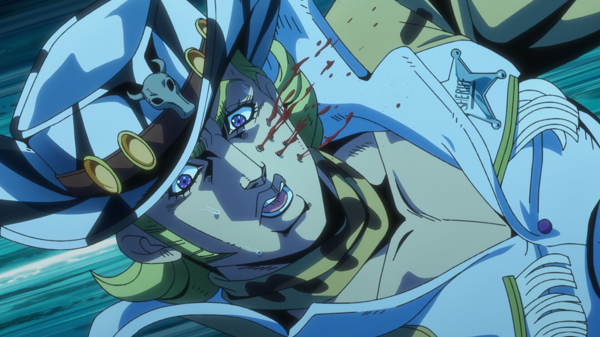 Gyro Zeppeli allongé, le regard tourné vers le ciel, dans JoJo's Bizarre Adventure: Steel Ball Run
