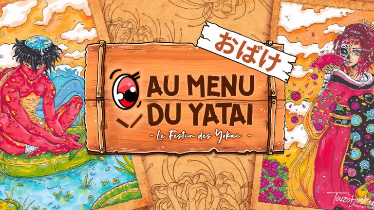 Visuel du livre Au menu du yatai, le festin des yōkai : un kappa rouge sur un nénuphar et une yōkai en kimono encadrent le titre