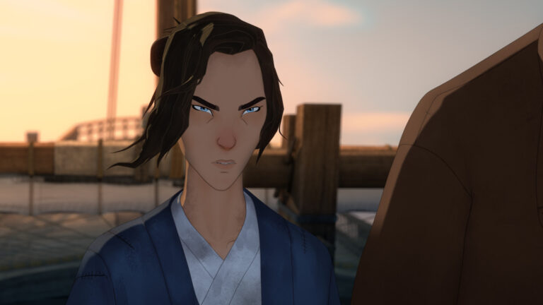 Image officielle de Blue Eye Samurai saison 2 : Mizu sur un quai au coucher du soleil