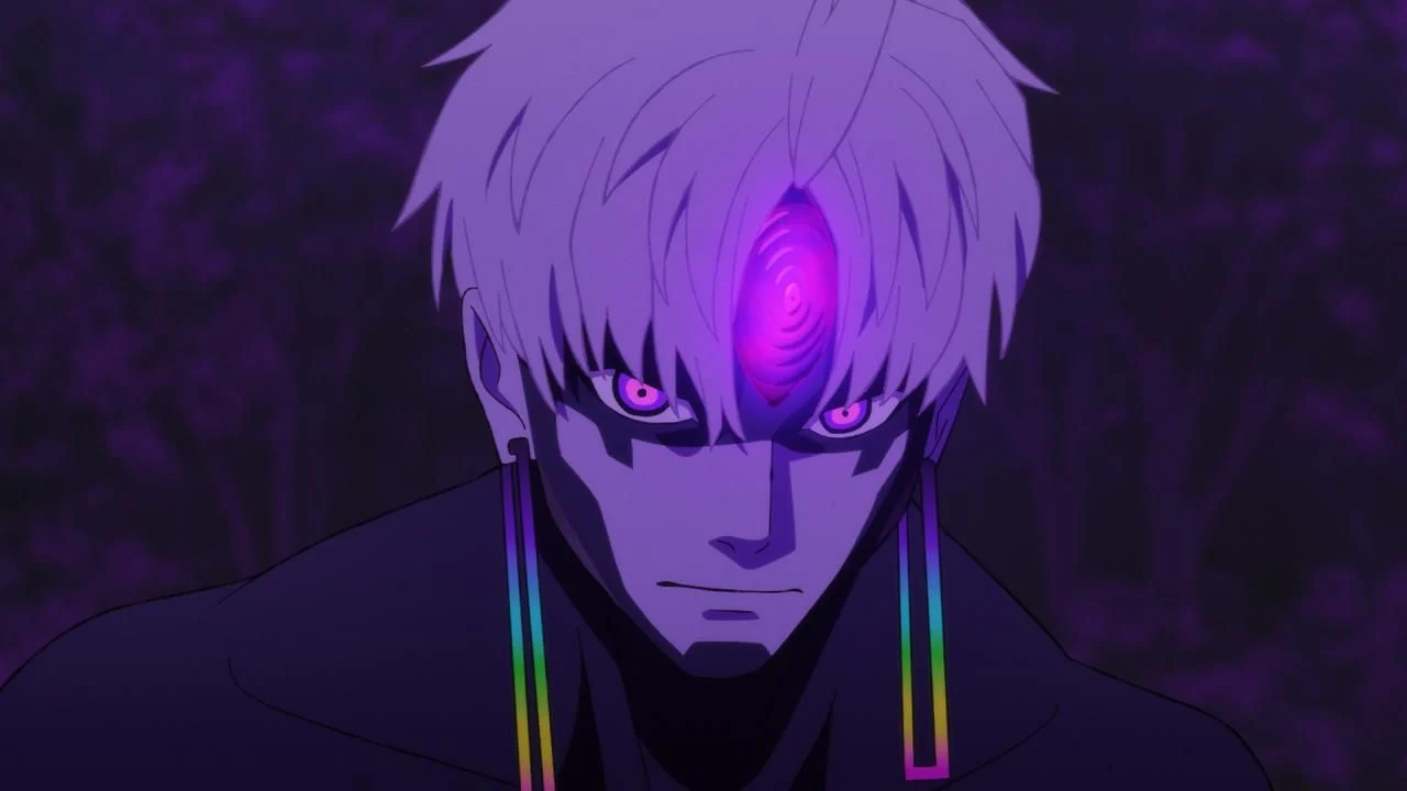 Personnage possédé, un œil violet au front, dans l'épisode 16 de Dandadan