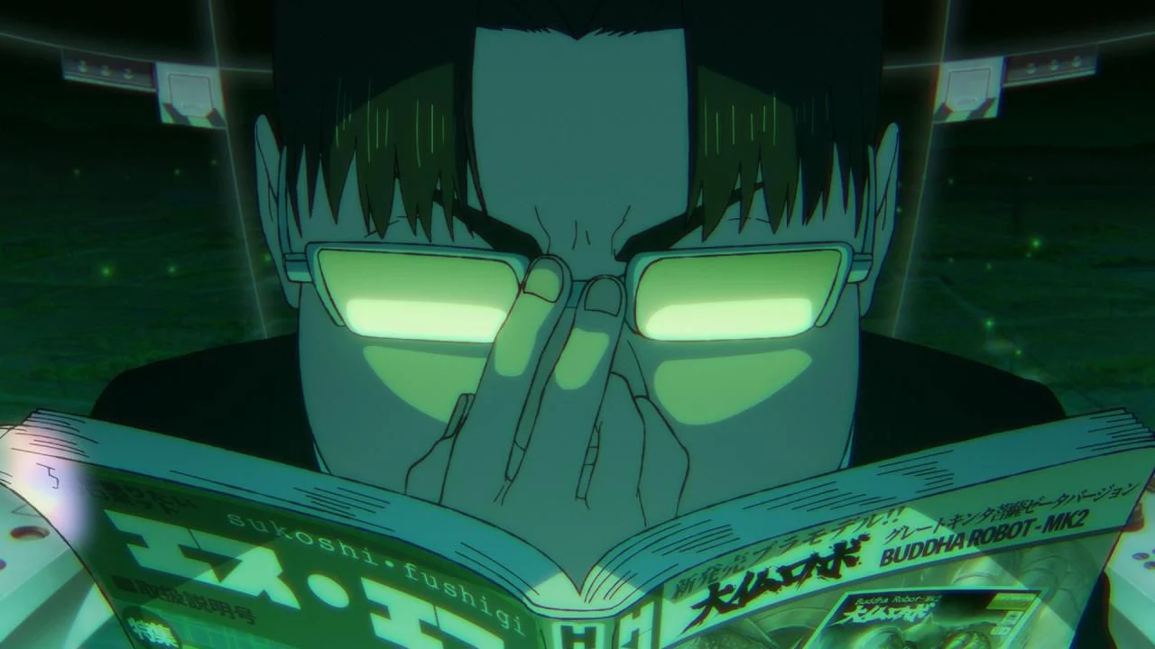 Personnage lisant un magazine, lunettes éclairées en vert, dans l'épisode 24 de Dandadan