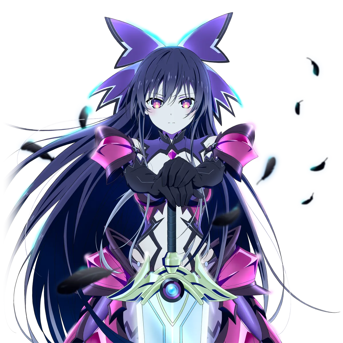 Visuel teaser du film Date A Live F Last Date : Tohka Yatogami en armure violette et noire, les mains posées sur son épée Sandalphon