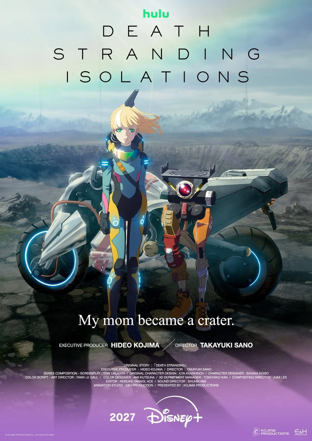 Affiche officielle de Death Stranding Isolations : l'héroïne blonde en combinaison de porteur et un robot, devant une moto dans un paysage de cratère, avec la mention 2027 Disney+