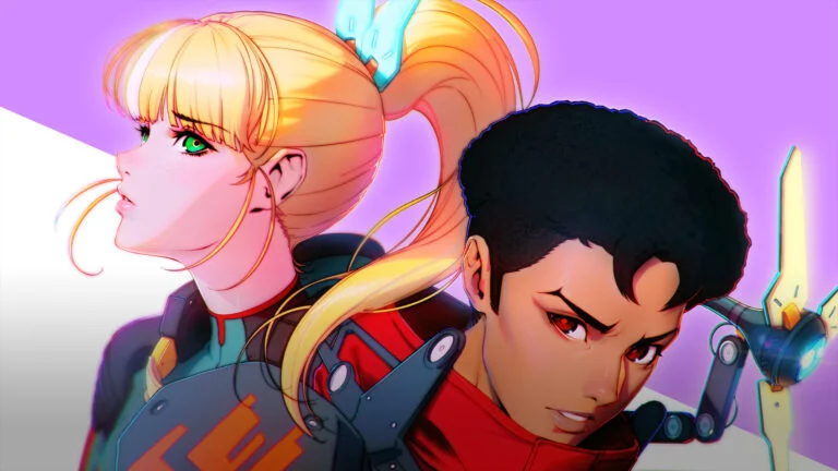 L'héroïne blonde et le jeune homme aux cheveux noirs de l'anime Death Stranding Isolations