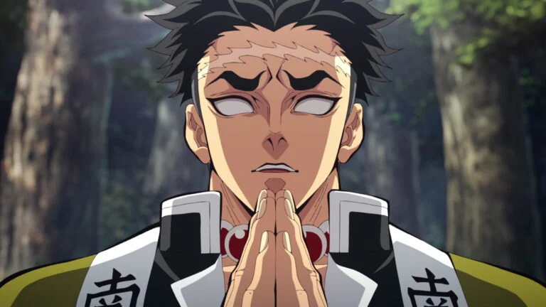Gyomei Himejima, le Pilier de la Roche, mains jointes dans l’épisode 6 de l’Entraînement des Piliers