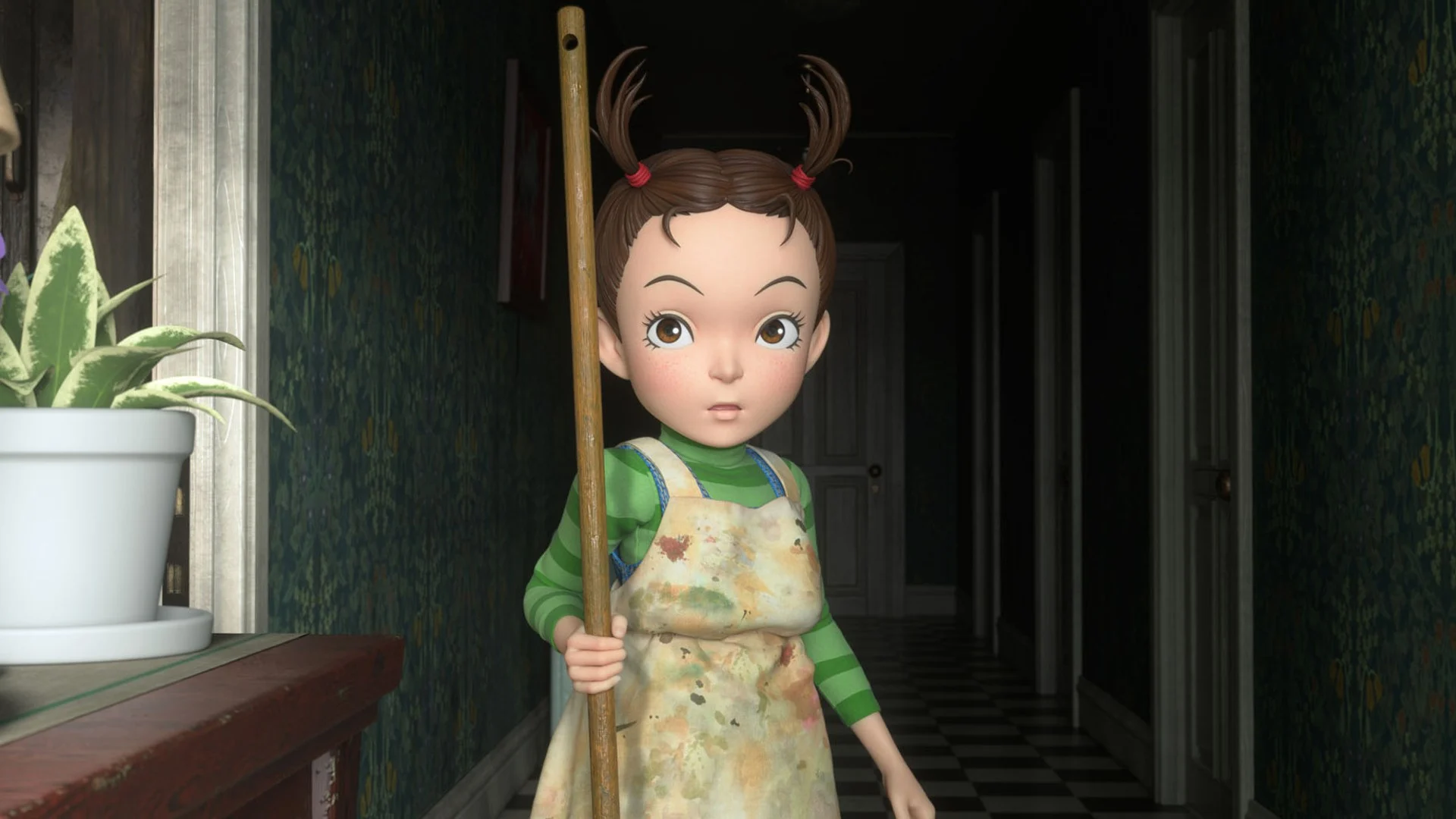 Aya, un balai à la main, dans la maison de la sorcière Bella Yaga, dans Aya et la Sorcière