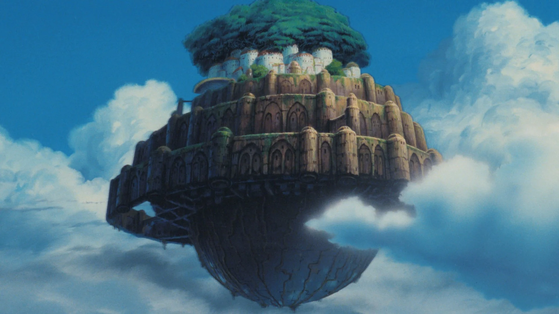Le château de Laputa, couvert de végétation, flottant au milieu des nuages dans Le Château dans le ciel