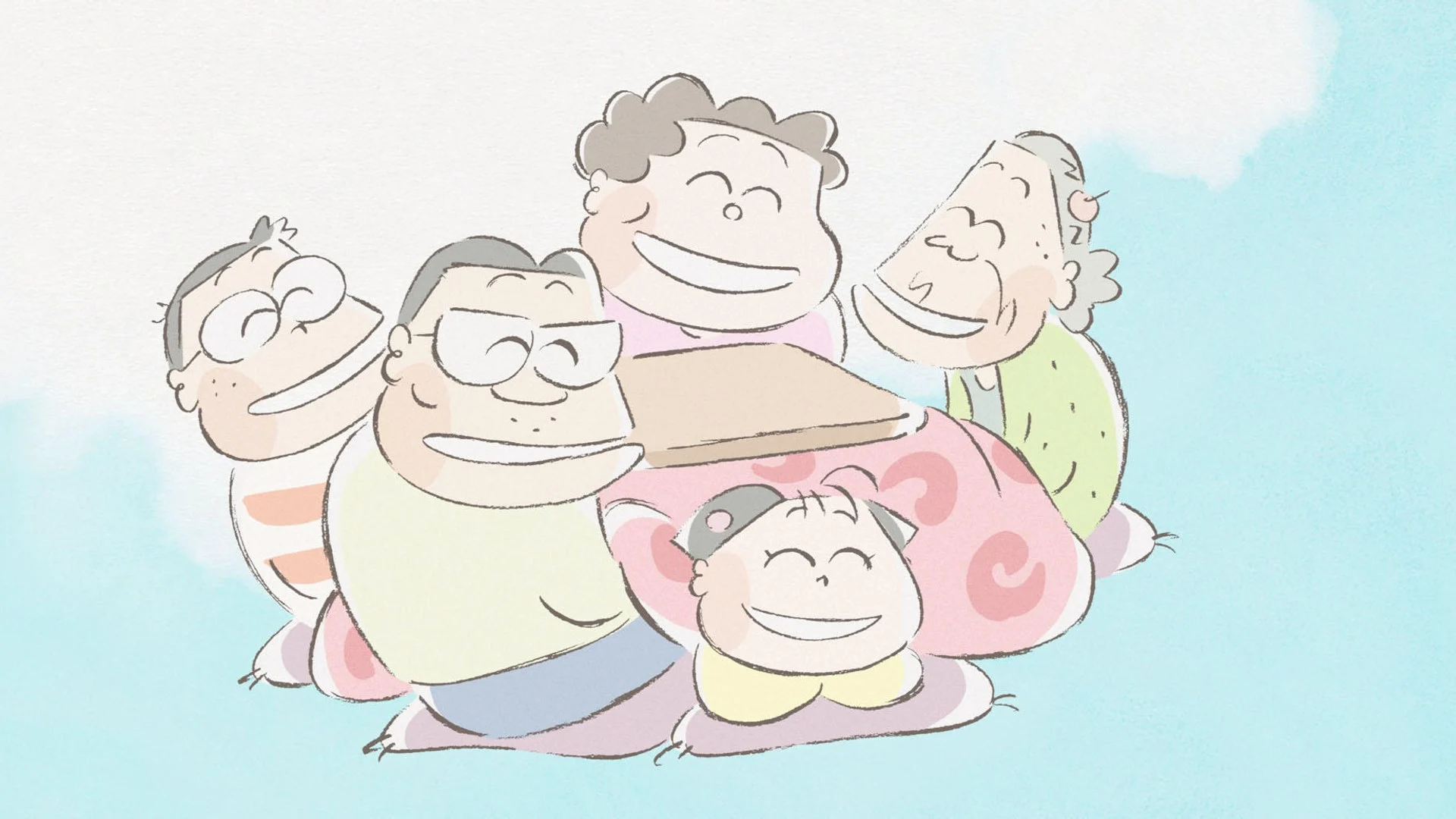 La famille Yamada serrée sur une même image, dessinée au trait façon aquarelle, dans Mes voisins les Yamada
