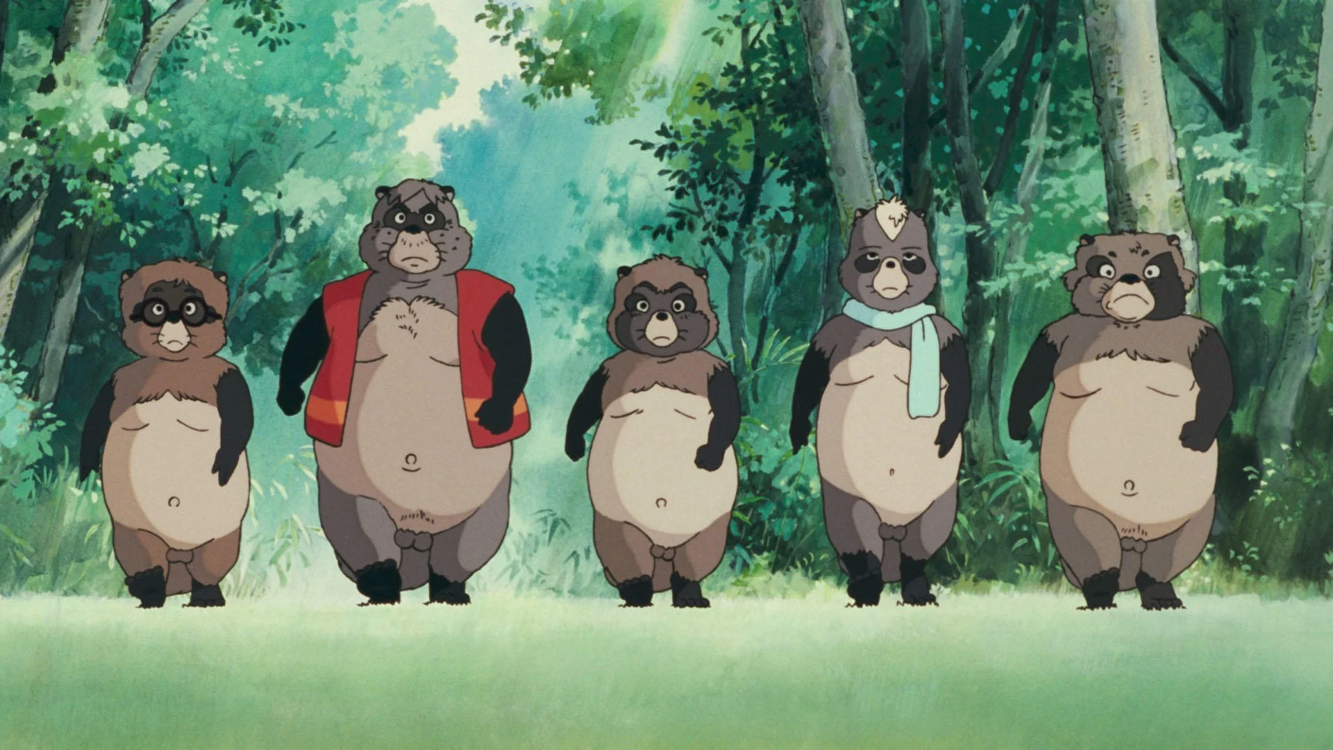 Cinq tanuki debout à la lisière d’une forêt, dans Pompoko