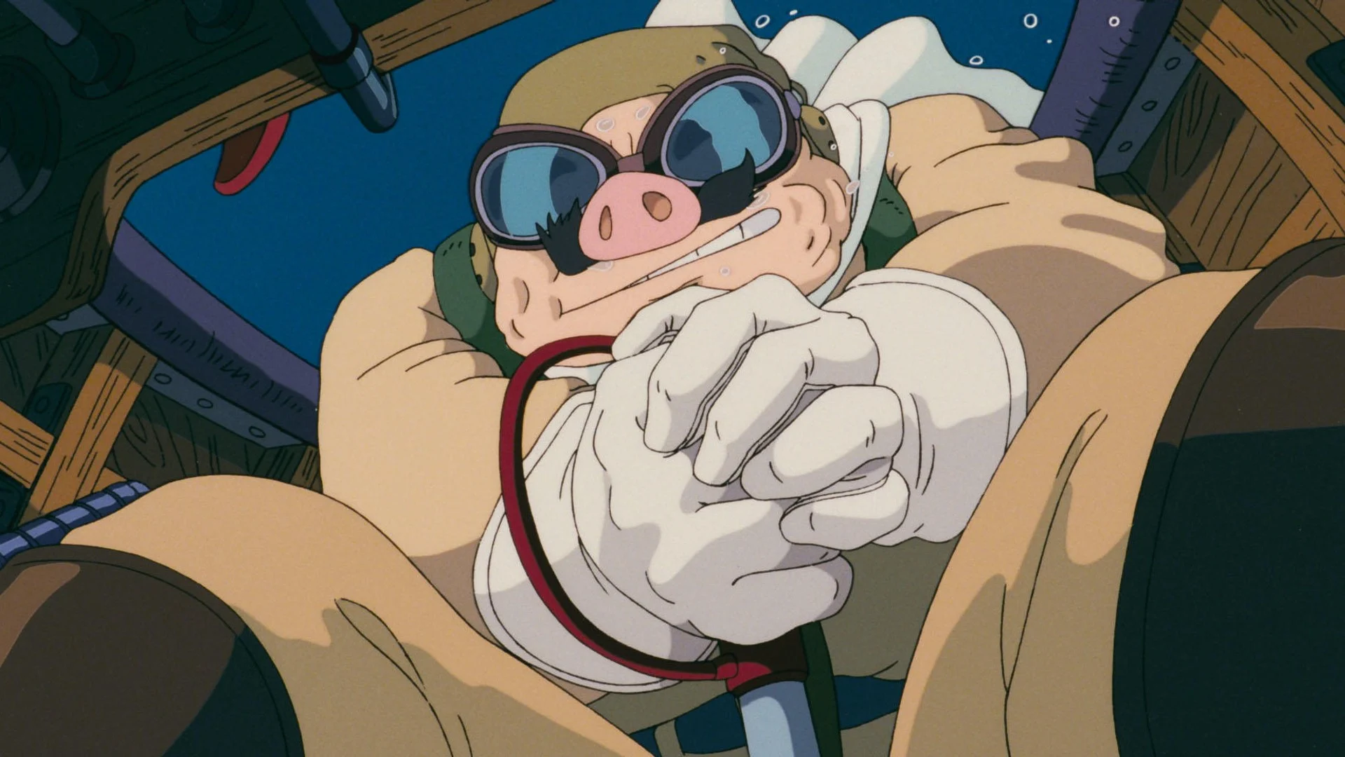Porco Rosso, l’aviateur à tête de cochon, lunettes d’aviateur sur le visage