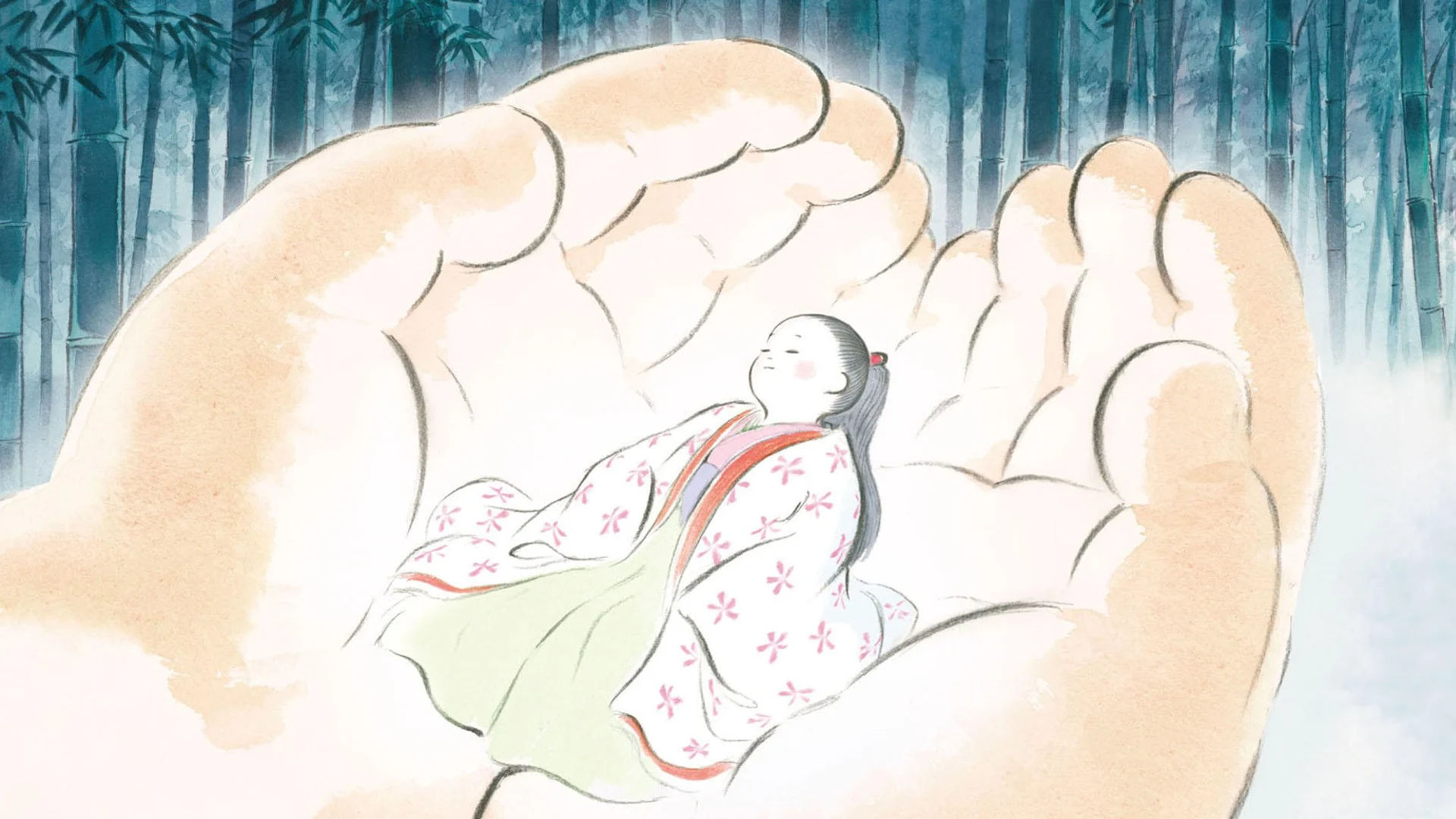 La princesse, minuscule, au creux des mains du coupeur de bambous, dans Le Conte de la princesse Kaguya
