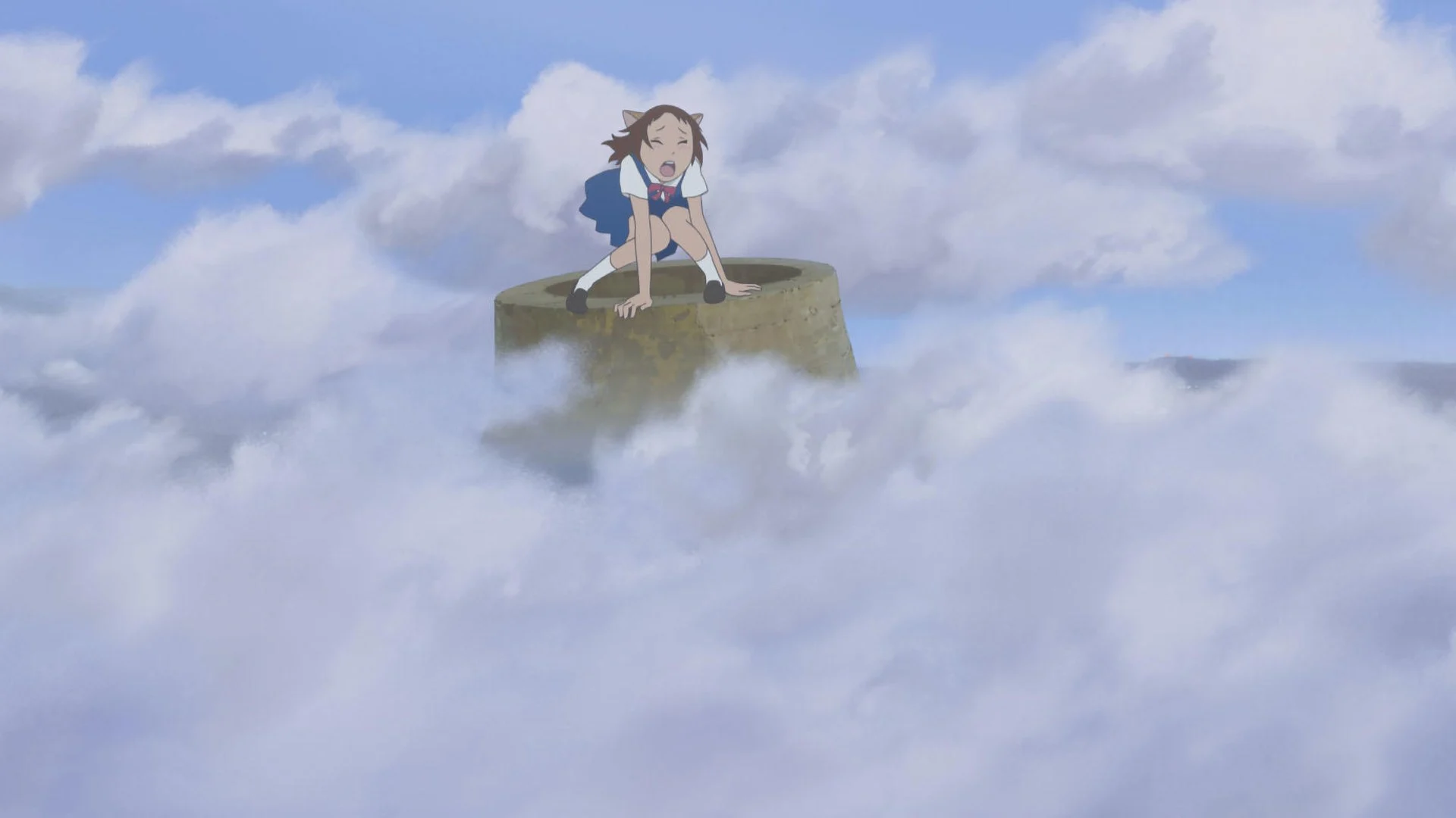 Haru, accroupie au sommet d’une tour de pierre au-dessus des nuages, dans Le Royaume des chats