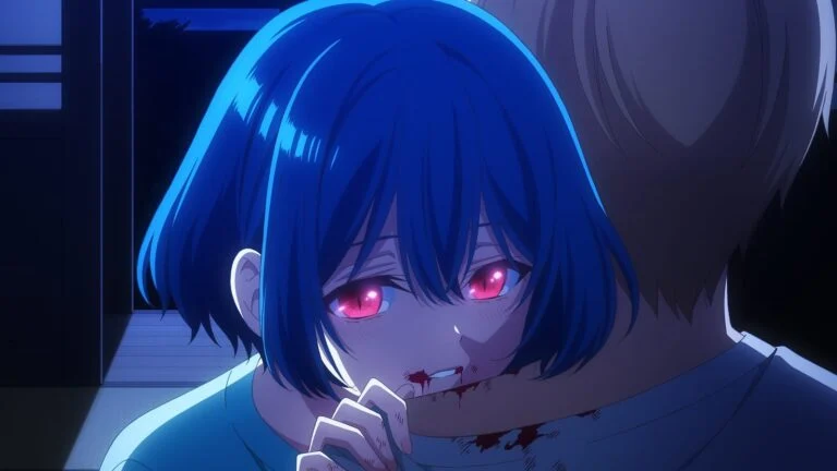 Teaser visual de l'anime Hiragi-san's House of Vampires : Yukie, vampire aux cheveux bleus et aux yeux rouges, mord le cou de Shōta sous la lune