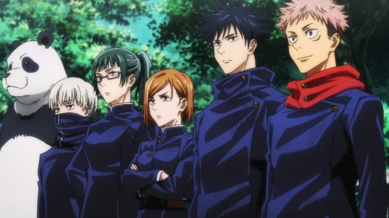 Panda, Toge Inumaki, Maki Zen’in, Nobara Kugisaki, Megumi Fushiguro et Yuji Itadori réunis dans l’épisode 14 de Jujutsu Kaisen