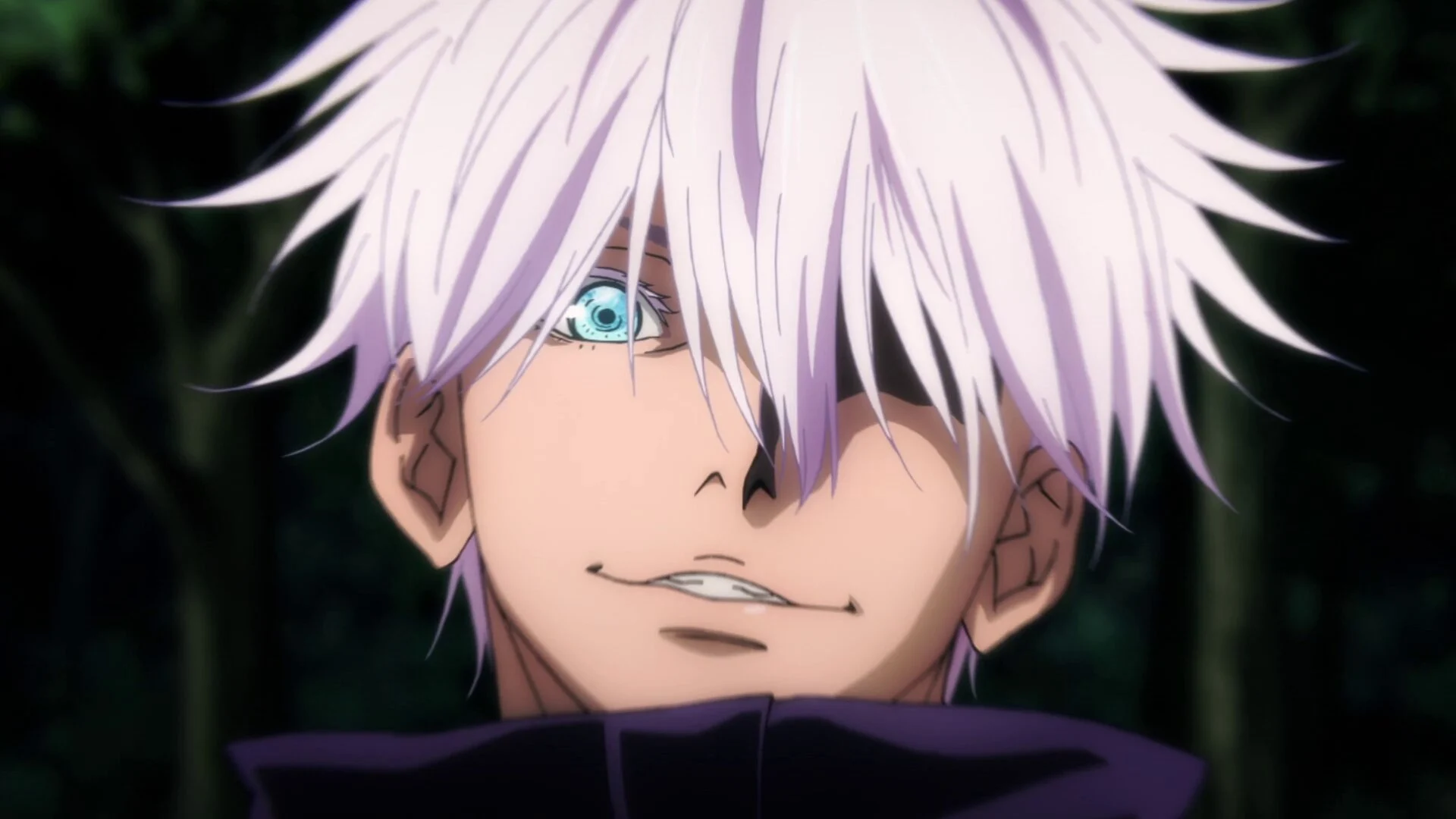 Satoru Gojo, cheveux blancs et œil bleu, sourire en coin dans l’épisode 20 de Jujutsu Kaisen