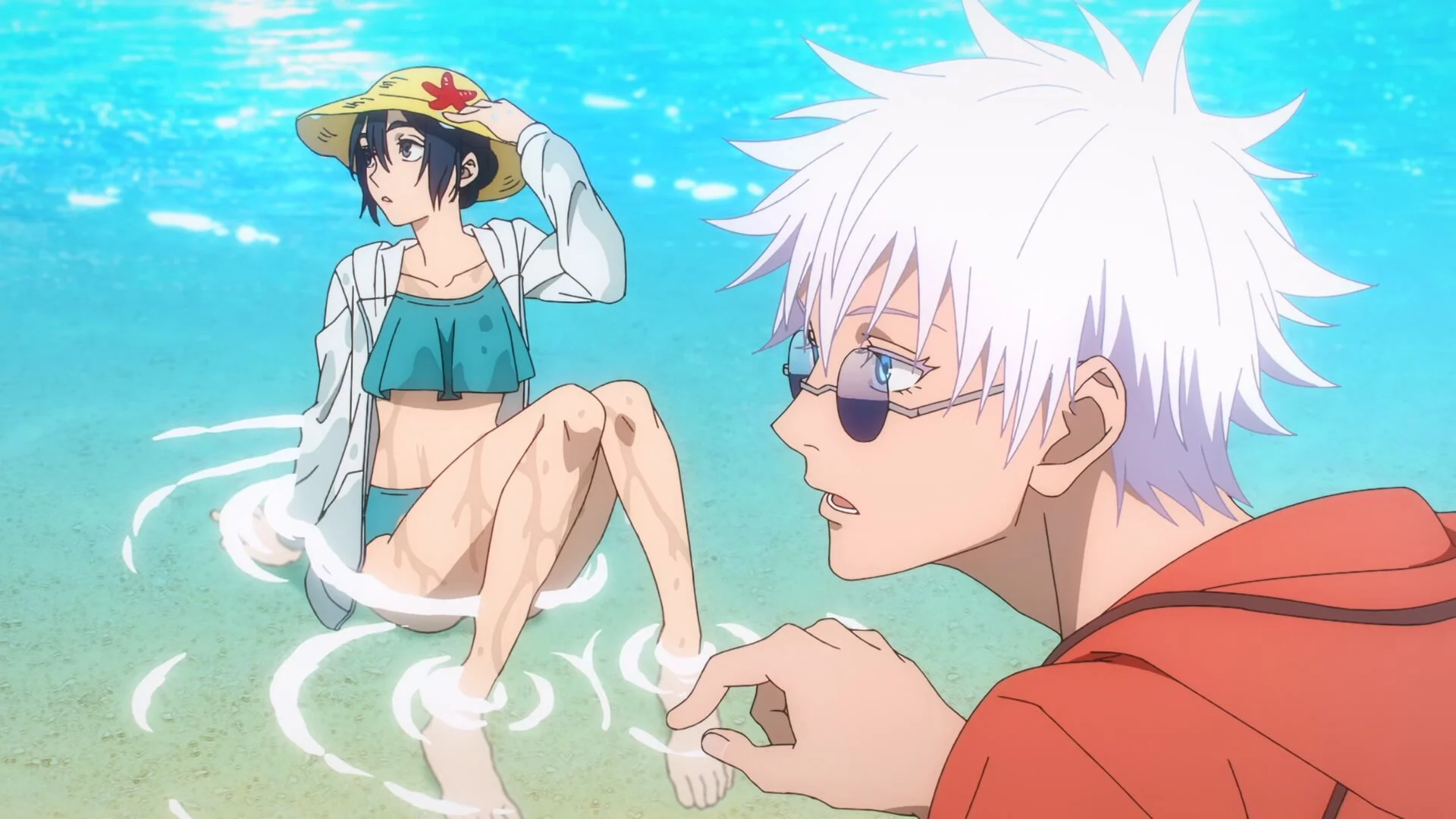 Satoru Gojo adolescent, lunettes de soleil, et Riko Amanai sur une plage d’Okinawa dans l’épisode 27 de Jujutsu Kaisen