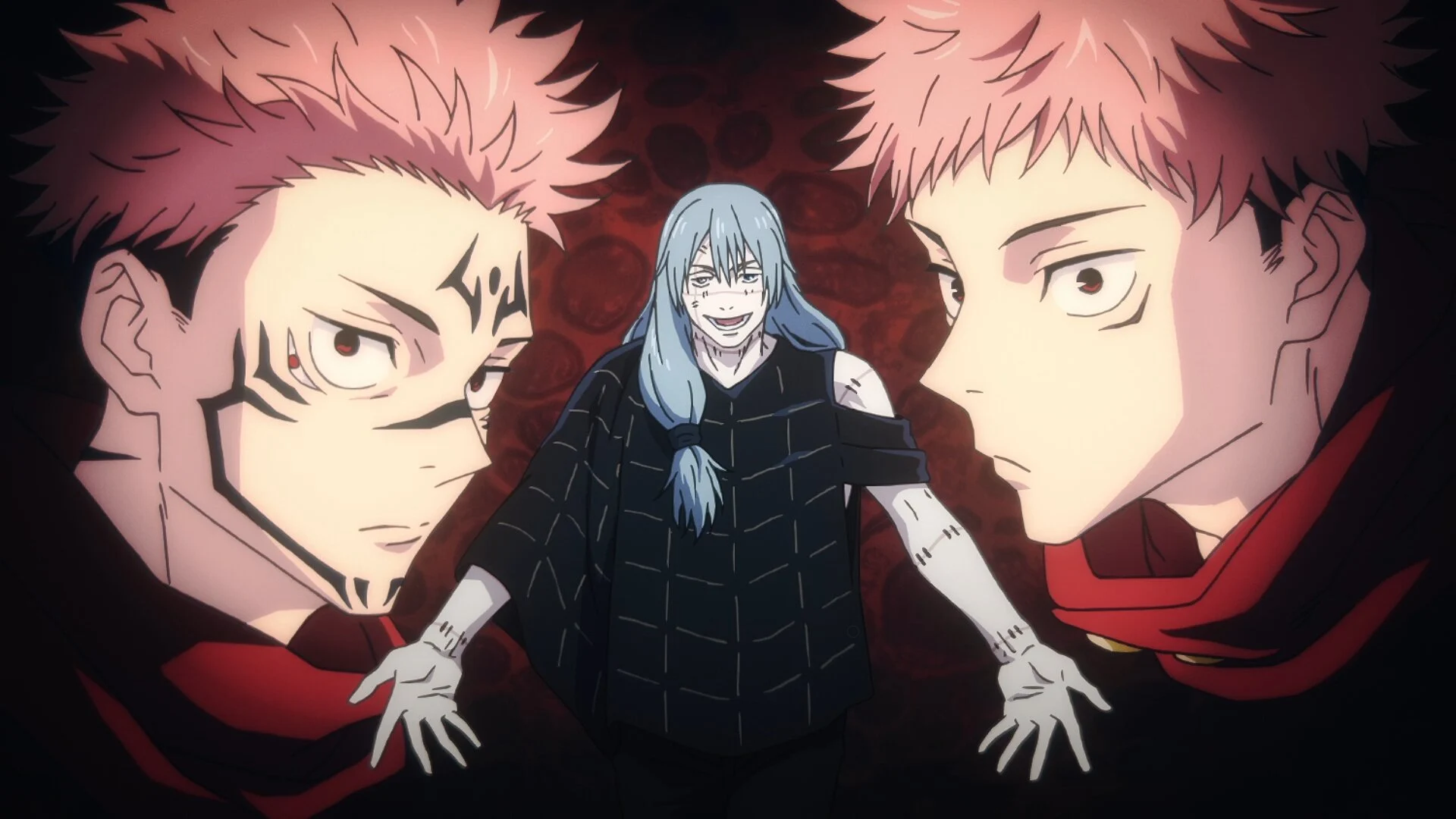Mahito entre Sukuna et Yuji Itadori, qui partagent le même visage, dans l’épisode 34 de Jujutsu Kaisen