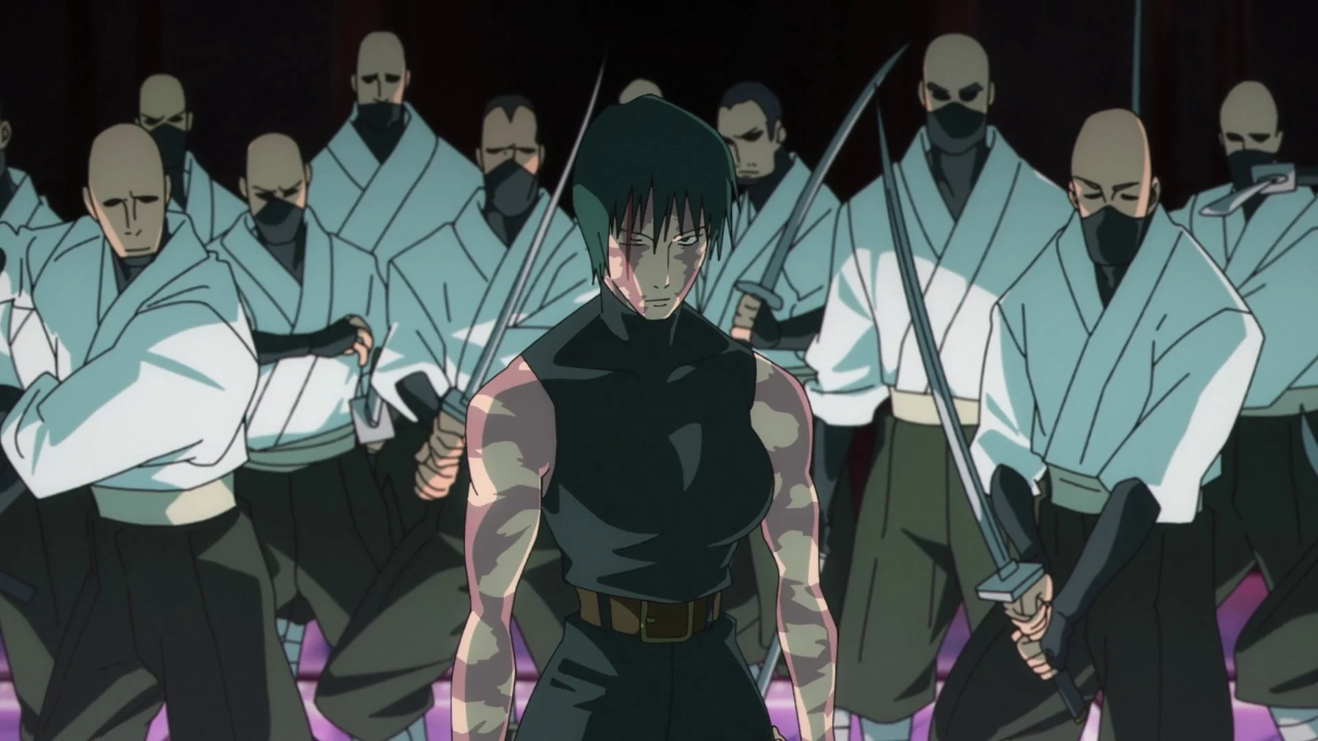 Maki Zen’in, sabre en main, entourée des sabreurs masqués du clan Zen’in dans l’épisode 51 de Jujutsu Kaisen