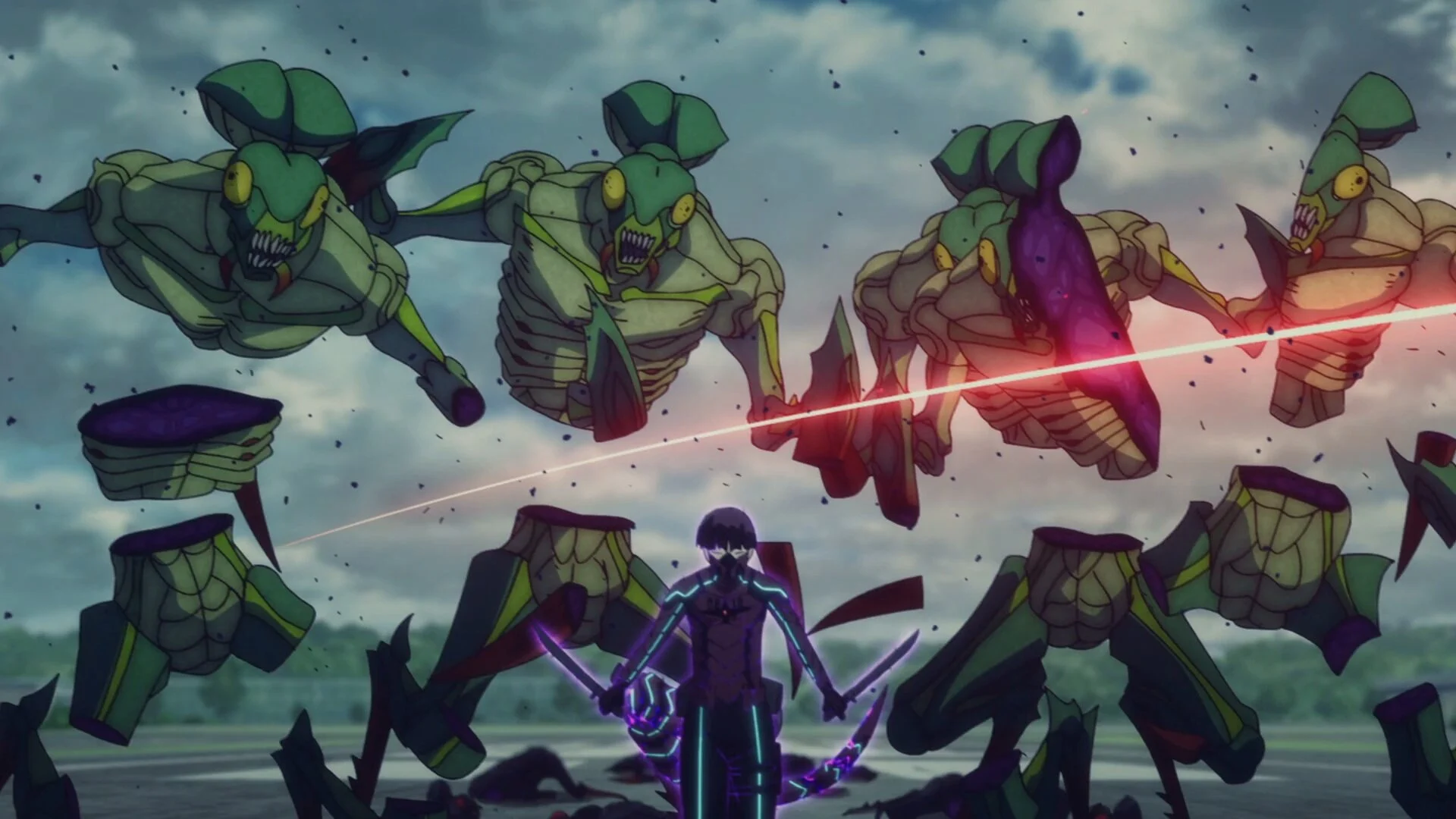 Une vague de kaiju fond sur un membre des Forces de Défense dans la saison 2 de l'anime Kaiju No.8