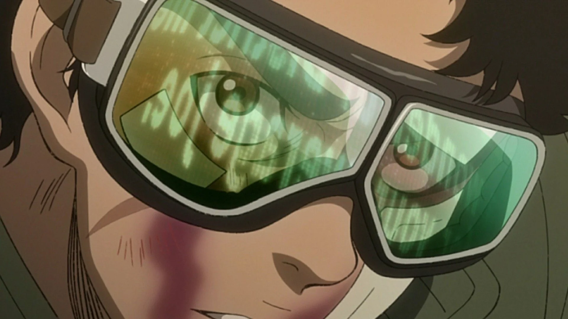 Gros plan de Joe portant des lunettes vertes dans l’anime Megalo Box