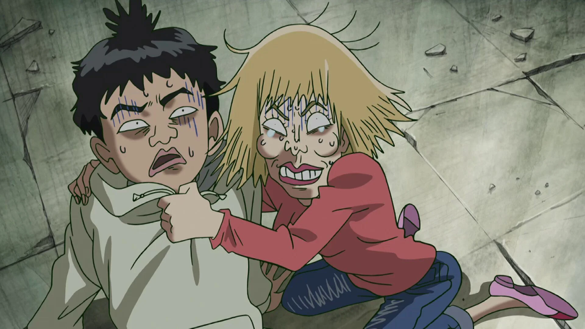 Scène de l'épisode 1 de Mob Psycho 100 avec un esprit au visage déformé