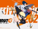 Naruto et Sasuke sur le visuel officiel orange de NARUTO CARD GAME de Bandai