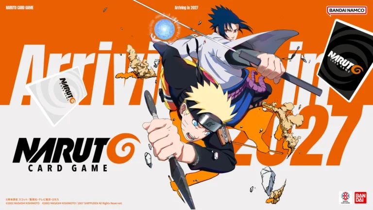 Naruto et Sasuke sur le visuel officiel orange de NARUTO CARD GAME de Bandai