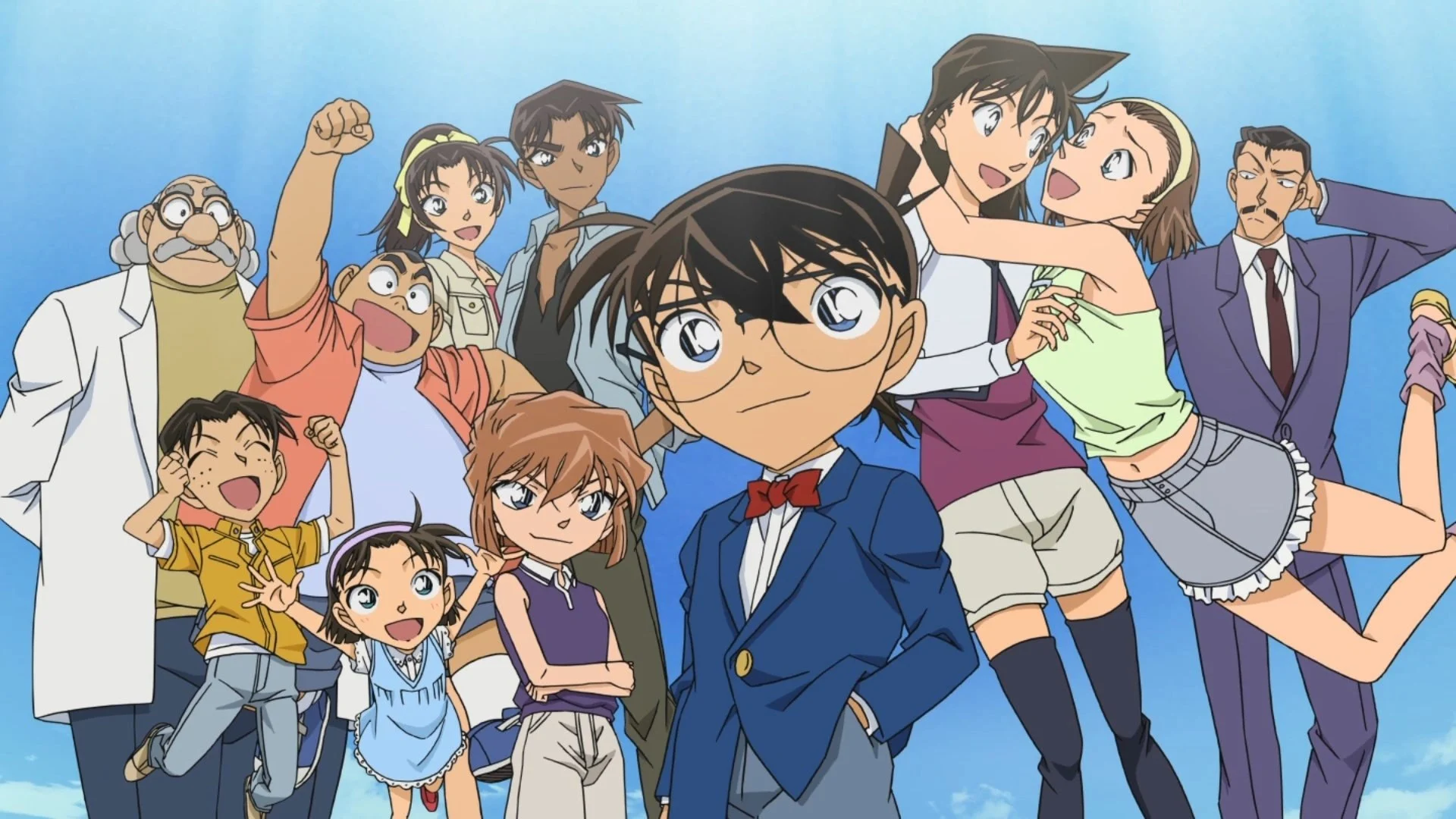 Conan Edogawa entouré de Ran, des Détectives Boys et de ses proches dans Détective Conan
