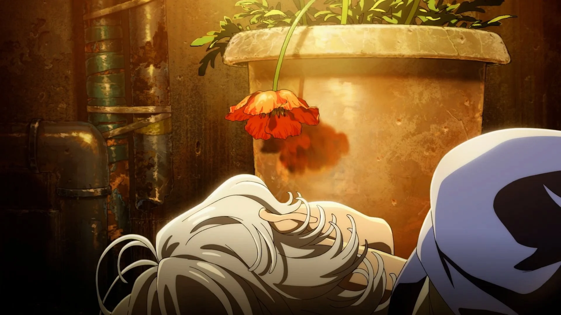 Une fleur rouge pousse d'un pot au-dessus d'un personnage endormi dans Fool Night