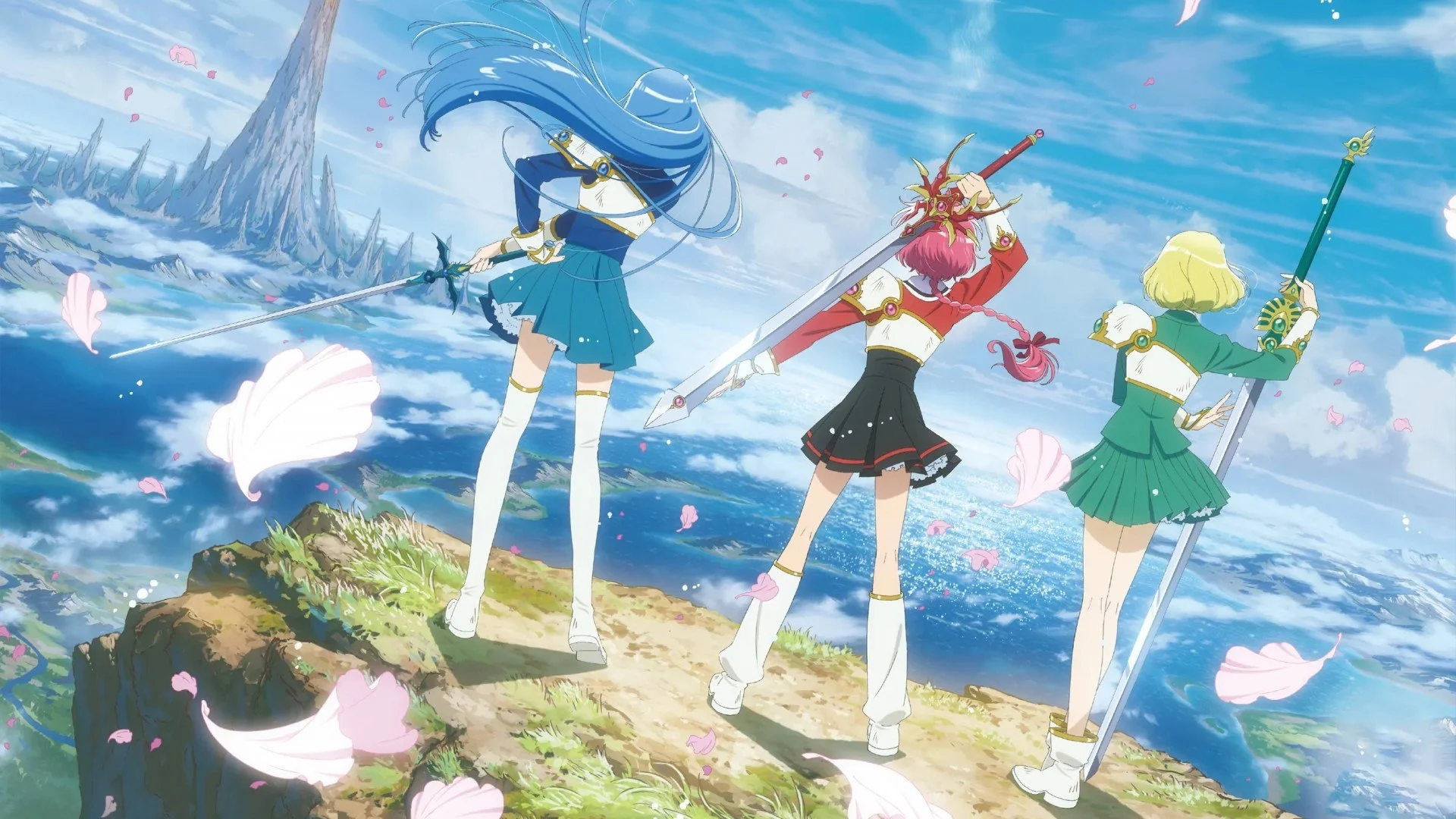 Hikaru, Umi et Fû, épée à la main, face à l'horizon de Cefiro dans Magic Knight Rayearth