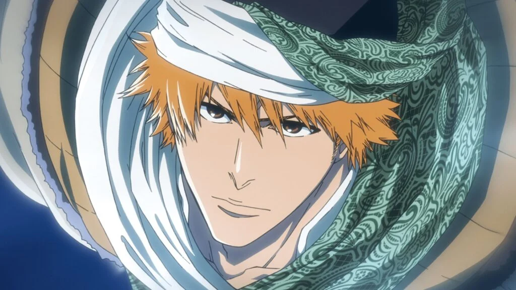 Ichigo Kurosaki souriant, enveloppé d’étoffes, dans Bleach: Thousand-Year Blood War