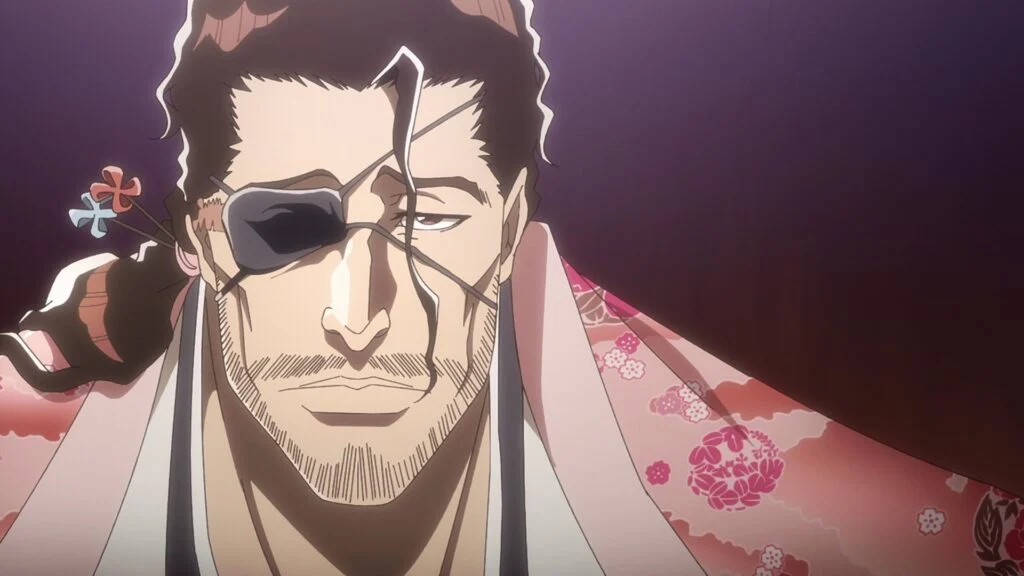 Shunsui Kyōraku, avec son cache-œil et son kimono fleuri, dans Bleach: Thousand-Year Blood War