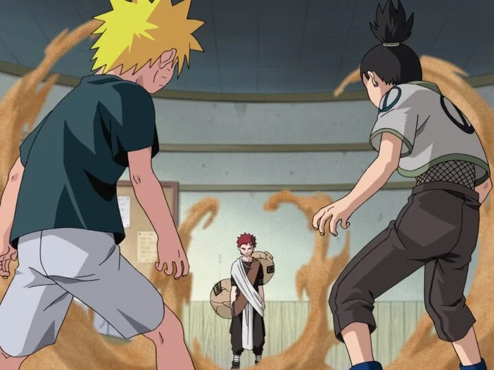 Naruto et Shikamaru interviennent face à Gaara pour protéger Lee