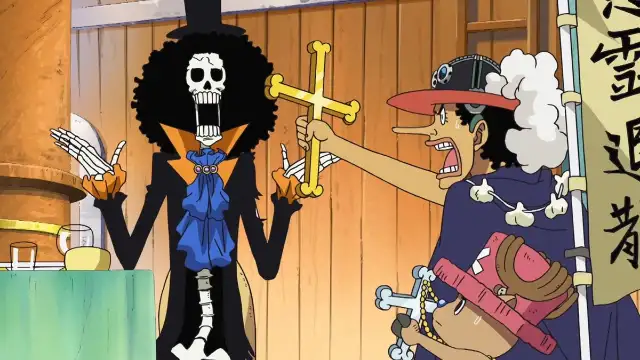 Brook, le squelette musicien à la coupe afro, face à Usopp, anime One Piece
