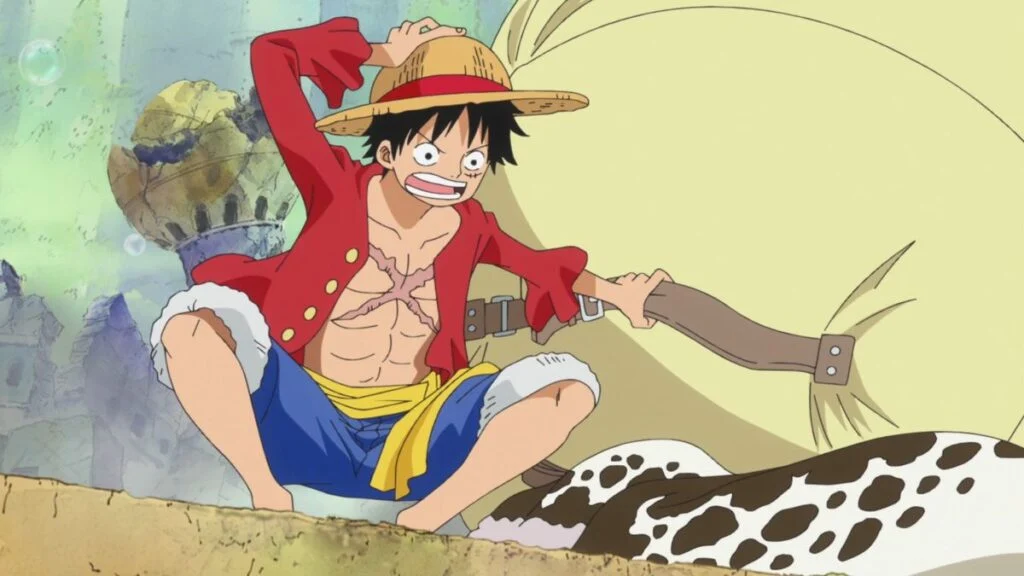 Monkey D. Luffy, souriant, tient son chapeau de paille, anime One Piece