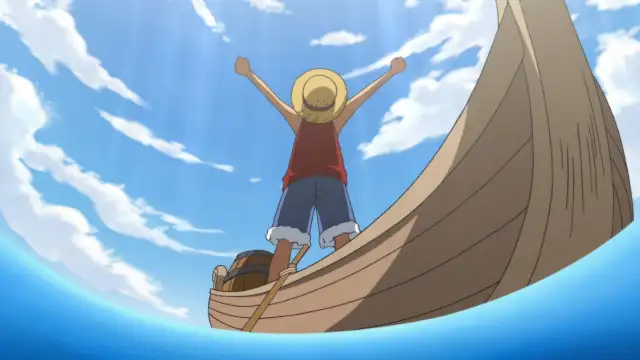 Luffy quitte son village sur une petite barque pour devenir pirate, anime One Piece
