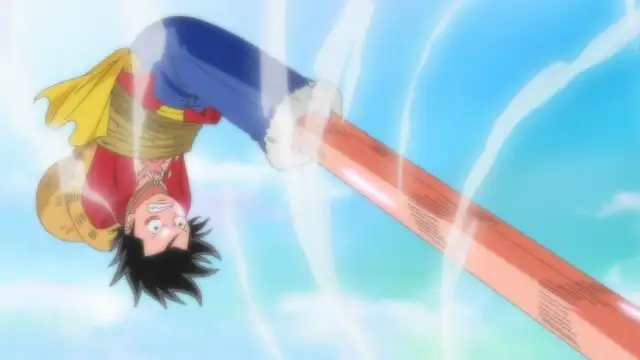 Luffy étire son corps élastique grâce au fruit du Caoutchouc, anime One Piece