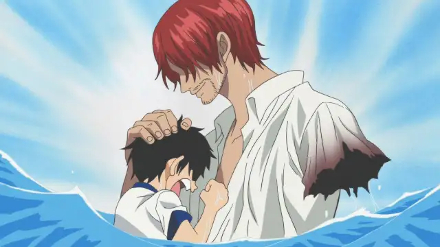Shanks le Roux serre Luffy enfant contre lui dans la mer, anime One Piece